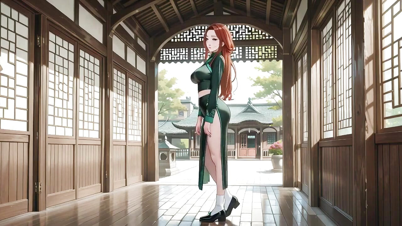Red Hair & Emerald Qipao! Lazy Seduction in the Eastern Courtyard