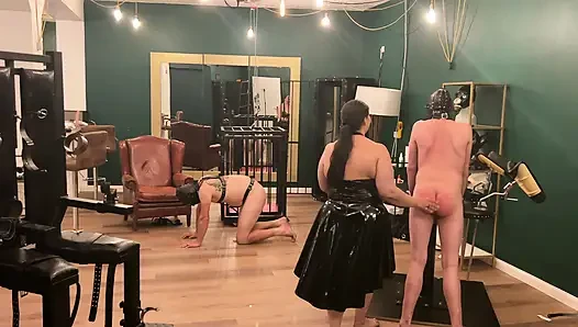 Fetish Domme Spanks Naked Subs' Throbbing Asses Wild