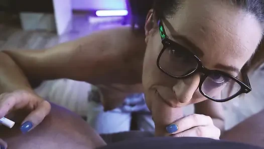Bratty Nerdy Girl Plays with Foreskin, Sucks Dick Then Gets Titty Fucked and Cum on Glasses