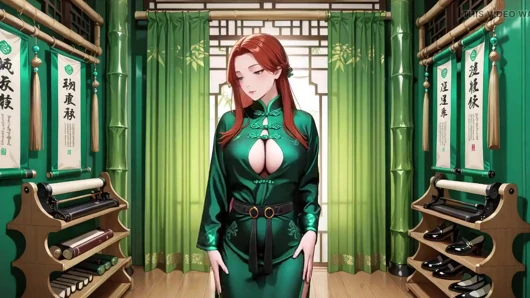 Red Hair & Emerald Qipao! Lazy Seduction in the Eastern Courtyard