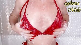 Beautiful Breasts, I Smeared My Breasts with Foam and Am Playing with My Nipples