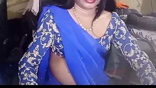 Indian Crossdresser in Blue Saree