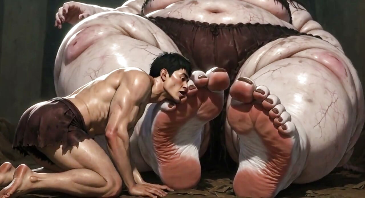 Enorme giganta obesa grandota - esclava lamiendo sus pies gigantes en adoración