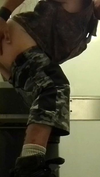 Straight army guy use filthy public restroom booth for a spontanous anal milking dildo ride in doggy position with huge rambone sextoy on the wall