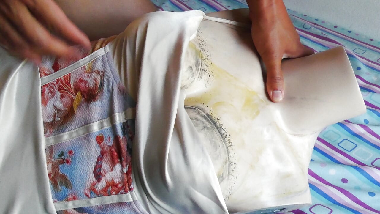 Pleasuring my Cock on a Slutty cream Satin Dress