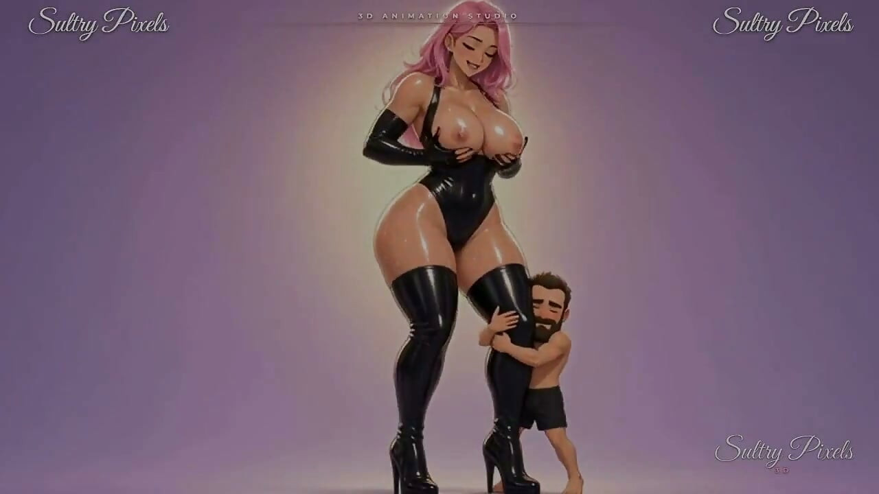 Růžovovlasá Anime LatexOvá Obryně mačká mléko ze svých obrovských koz jako drobný muž objímají její botu