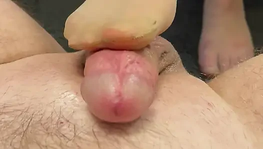 Footjob in short nylon stockings with cum shot
