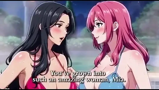 Stepmom and stepsister taking hot bath and pressing boobs