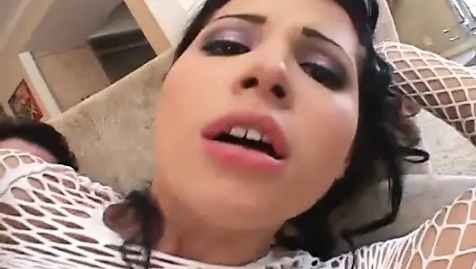 Hot girl gets hard strokes of two cocks on both holes at a go
