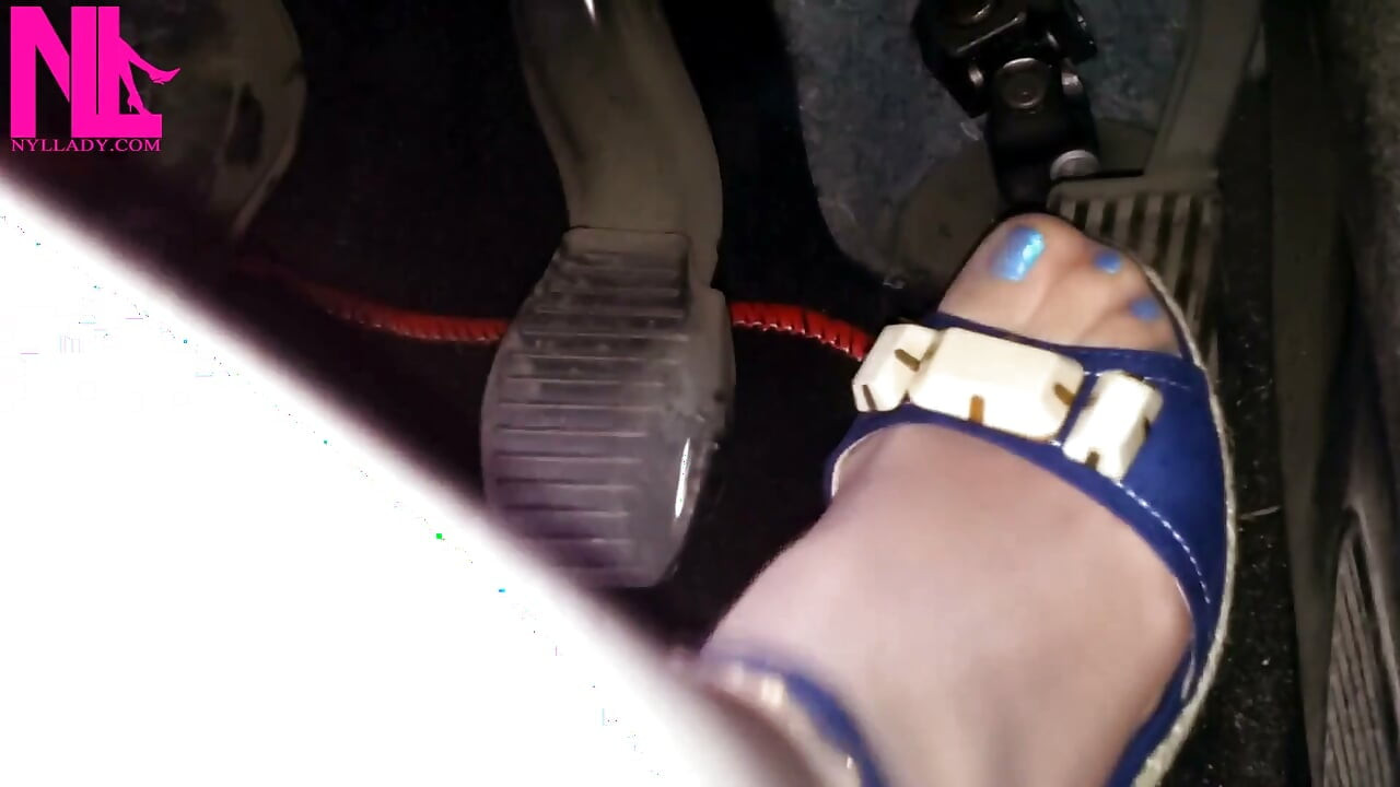 Driving and Revvig in Blue Wedges on My Hosed Feet