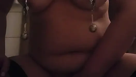 Pain slut: Nipple weights, pussy clamps. Playing with a wand to orgasm.