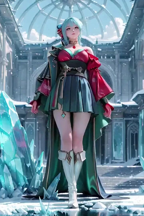 Ice Throne! Silver-haired Mage in Red-green Gown Kneeling, Blue-haired Partner Teasing in Realm!