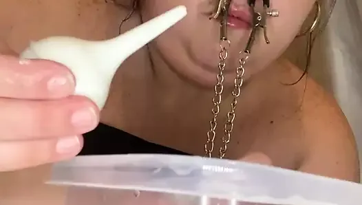 Fat humiliation fills her ass with soapy enema