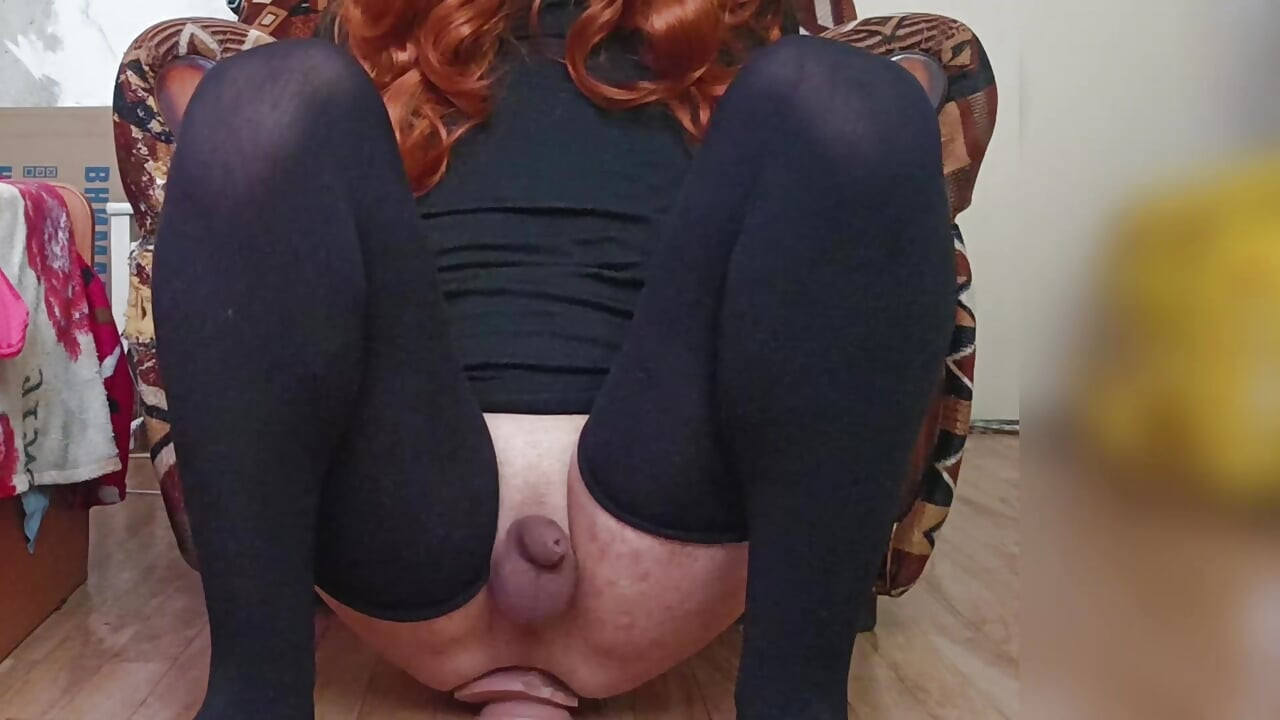 Cute sissy rides a big dildo, destroying her ass