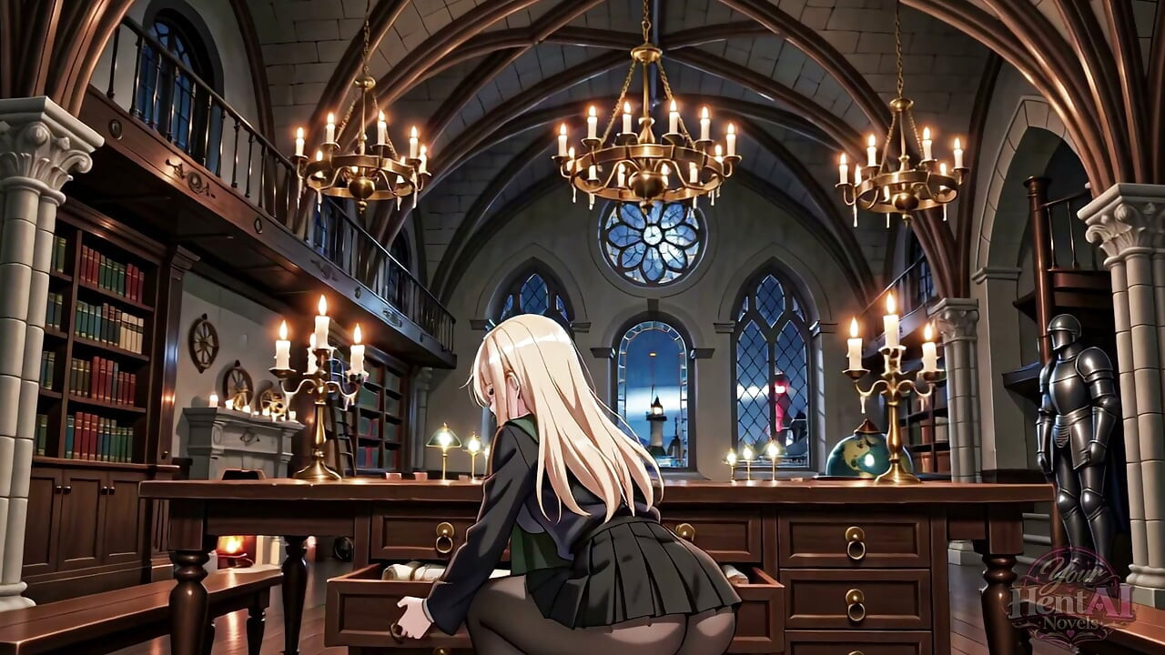 Draconia Malfoid tiene un polvo en la biblioteca de su escuela de magia.