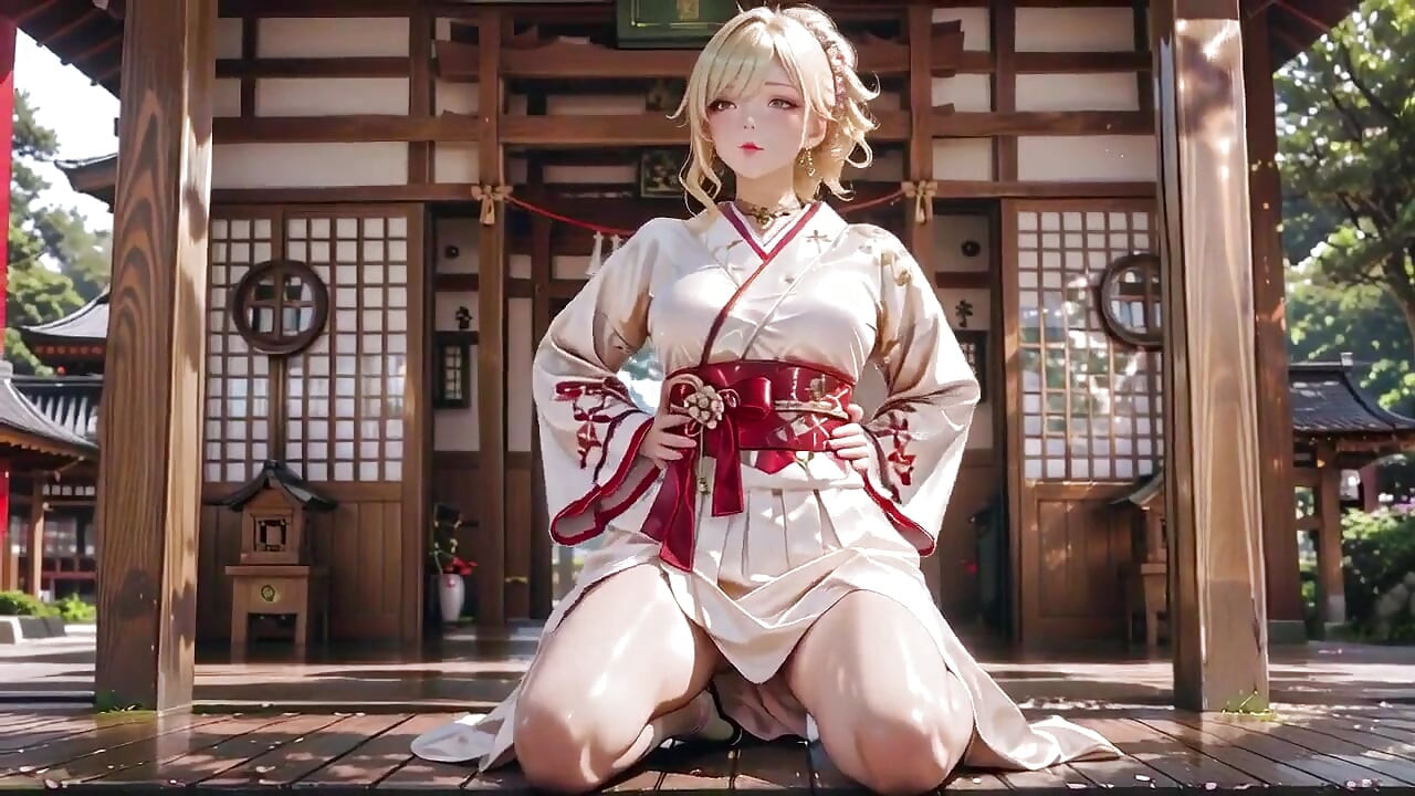 Blonde Kimono Girl! Forbidden Contrast From Shrine to Pure White Bed, Half-unbuttoned, Fingertips Trembling
