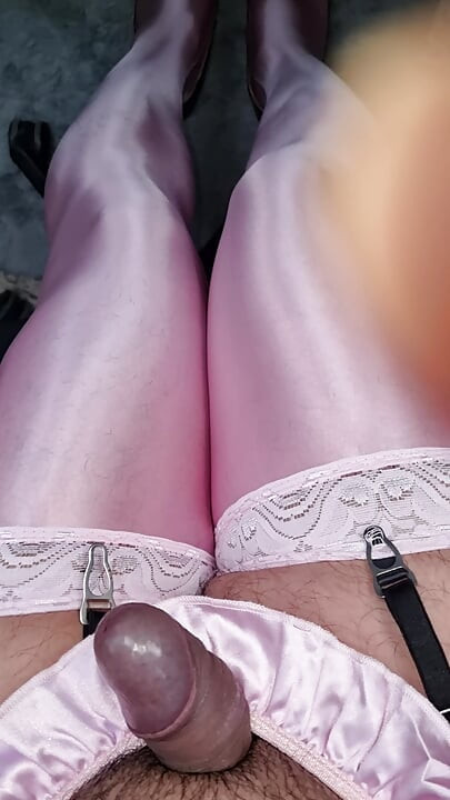 New pink bright stockings, rubbing, high heels