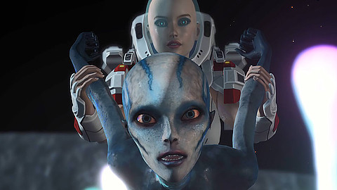 An alien gets fucked by spacewoman in spacesuit with strapon