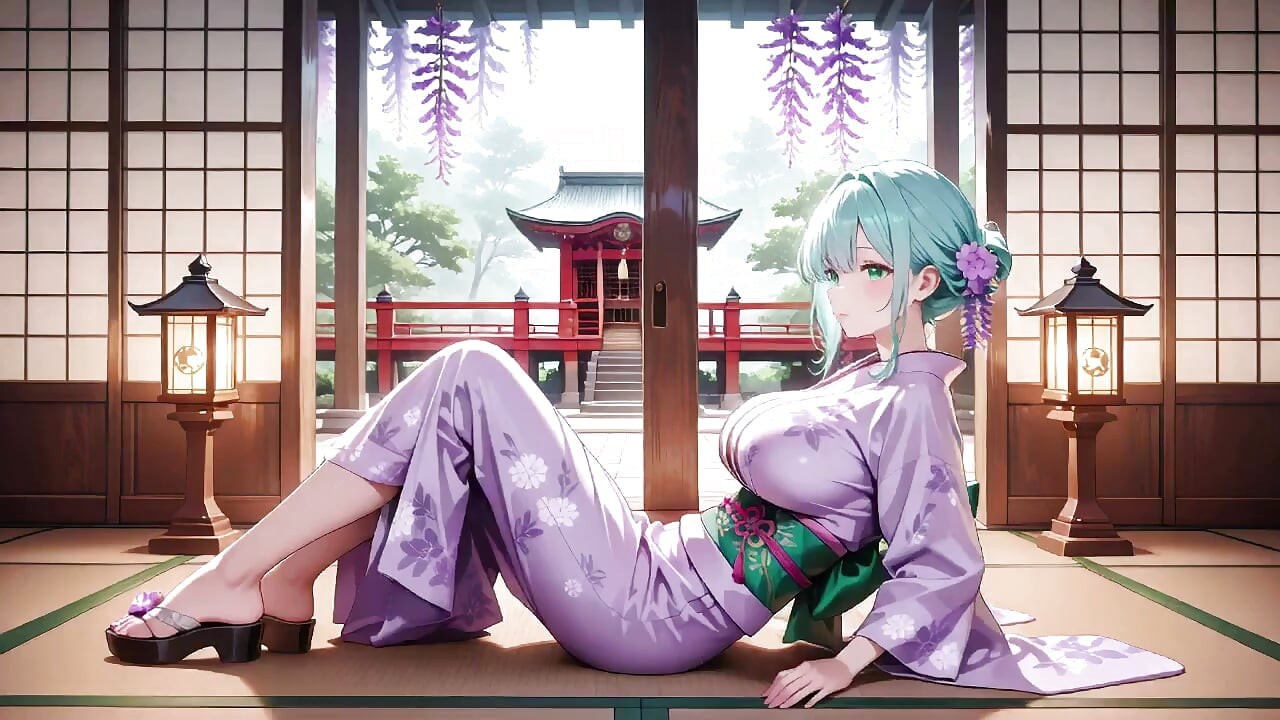 Zeița kimono violet! Nu se poate descurca umeda sub poarta Torii Rosu