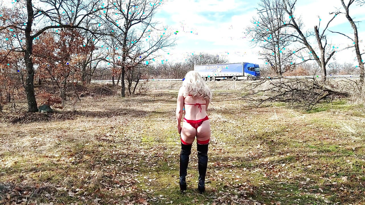 Little Whore Strips off Her Red Bodysuit on the Highway Part 1