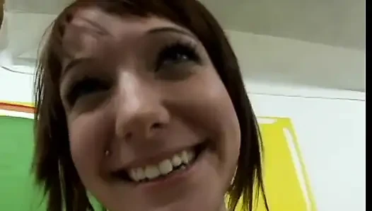 Brunette teen with piercing sucks cock then gets fucked from POV