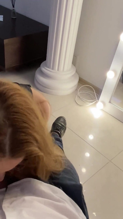 While walking on a leash, the slut gave her master a deep, slobbery blowjob | Clip 1