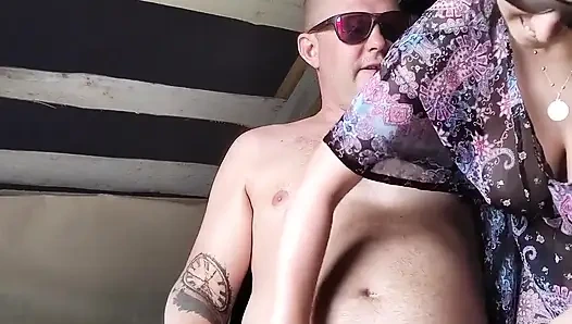 Outdoor Blowjob and Handjob From Real Perfect Stepsister. Cum on She's Perfect Big Tits and Pussy