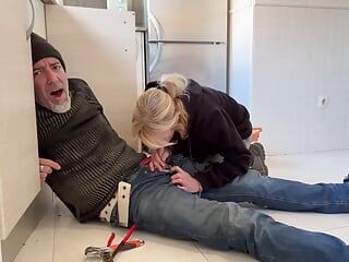 Hot Wife Blowjob to the Plumber in My Kitchen