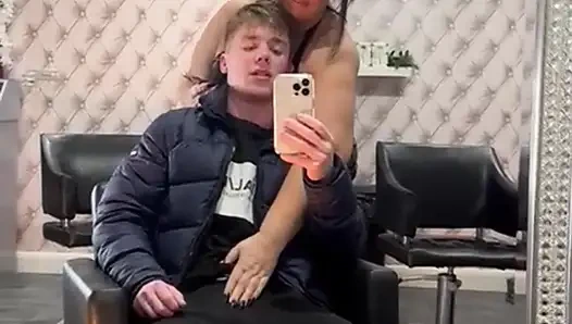 BBW Scouse MILF sucks and fucks son friend in her hair salon