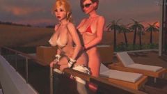 Al atardecer, dama transexual roja teniendo sexo con un joven transexual