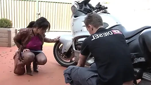 Horny brunette gets fucked on motorcycle