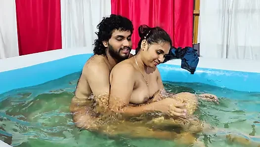 Couple hot nude romance in pool