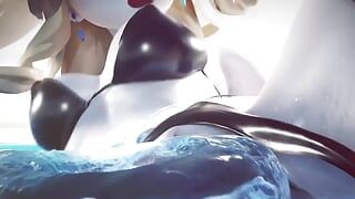 Anime-meisje in het zwembad wordt geneukt door veel buitenaardse pikken