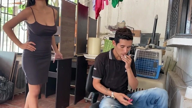 My stepbrother is smoking and I invite him to eat but he ends up eating my pussy and the milk from my tits