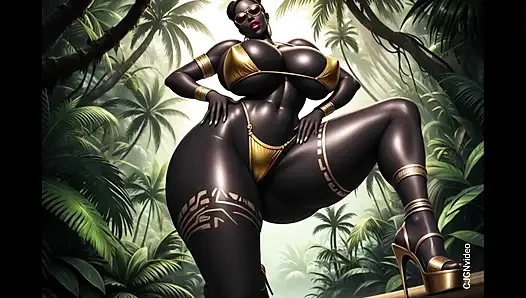 Pose seksi wanita Afrika di hutan dengan musik (animasi Ai)
