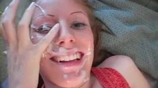 Пухлая подруга-блондинка принимает огромный камшот на лицо
