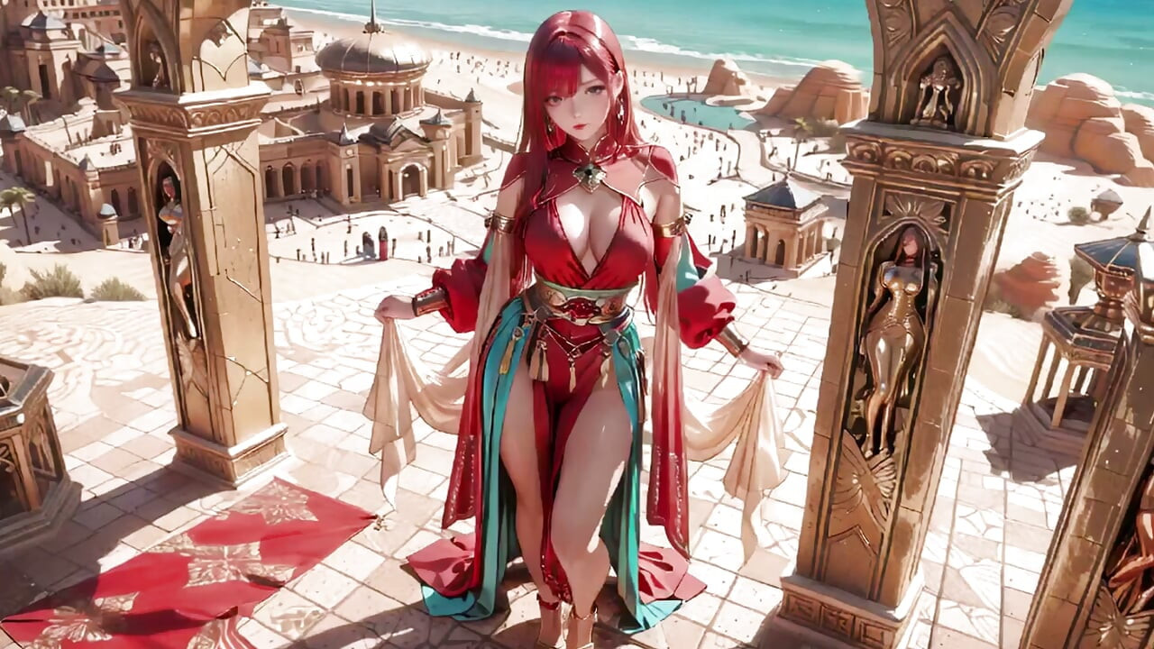 Red Queen in the Desert! Lazy Afternoon in the Golden Palace, Backless Dress slightly damp.