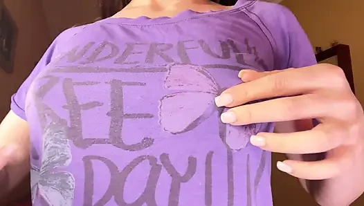 The MILF's nipples poked through her T-shirt, and she couldn't resist tearing it apart to play with them
