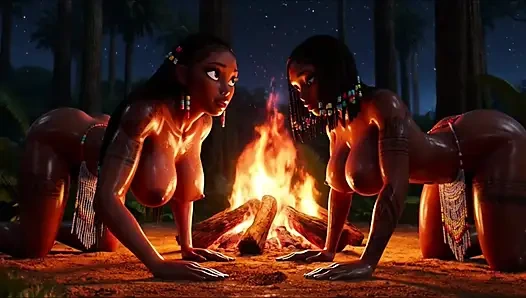 Voluptuous Ebony Tribal Women Perform Primal Fire Worship On All Fours Covered In Oil And Sacred Earth At Night