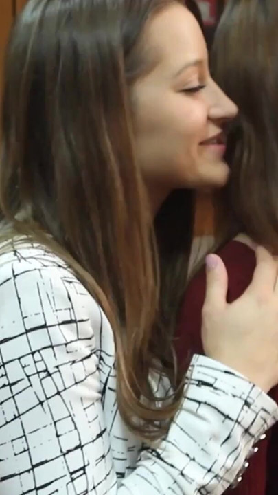 Sex in the office was inspiration for two lesbian brunettes to have pussy licking in the office kitchen | Clip 1