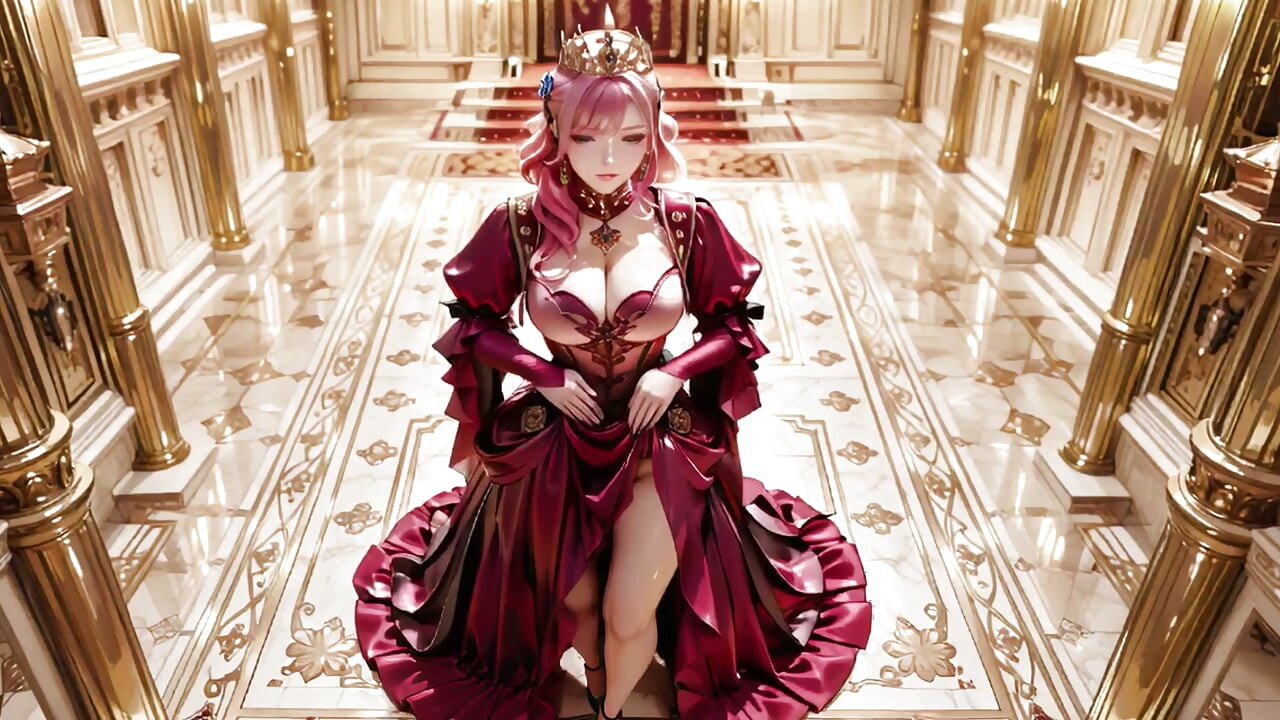 The Pink Queen's Coronation! Deep red silk, golden goblet, and a lazy gaze from the throne. Pure fantasy.