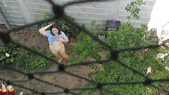 Bottomless wife goes outside and walk near workers