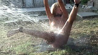 Sexy sub Bianca gets dominated with water humiliation by sadistic dude outdoors