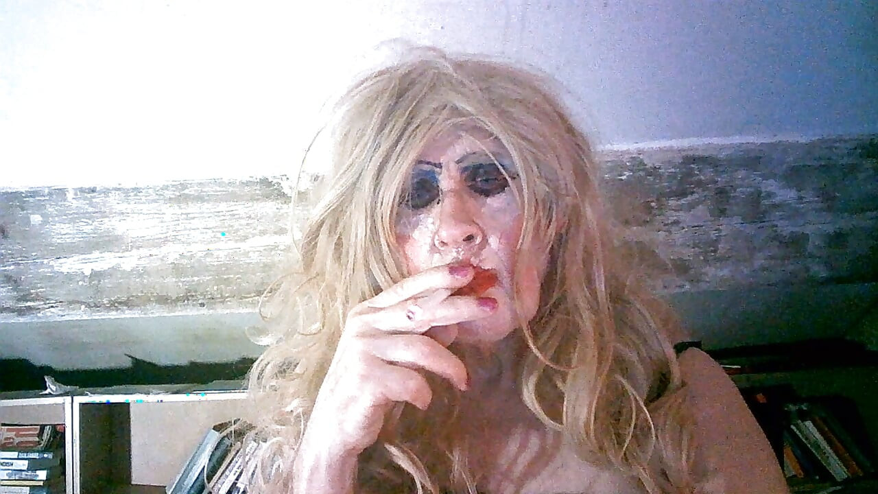 Old fuckpig cumslut  slag Sarah smoking like  the trashy whore she is