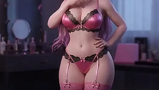 Kawaii 3 boyutlu pembe saçlı kız twerk yapıyor ve pembe iç çamaşırlı soyunuyor - gerçekçi render