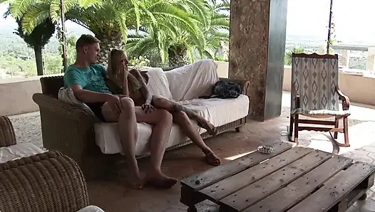 Lovely blonde pleasured in her pussy in threesome outdoor fuck