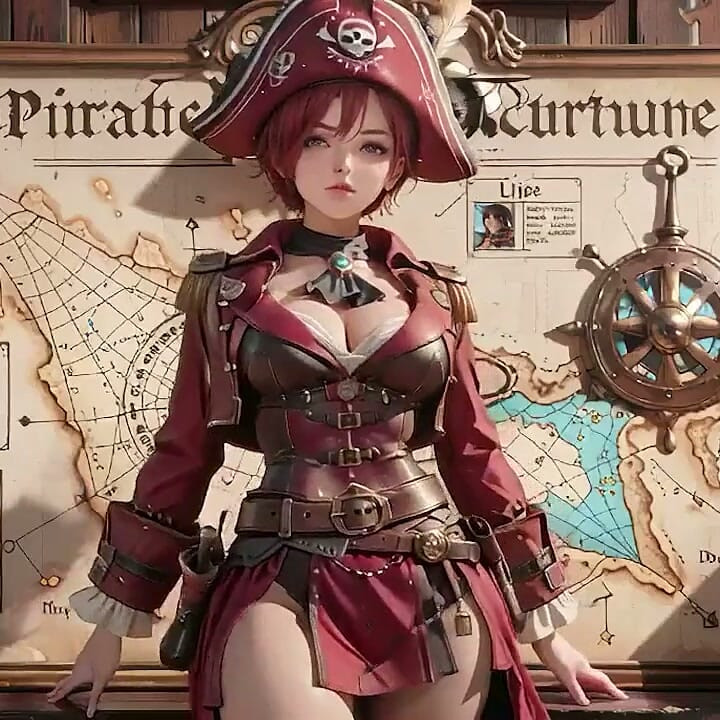 Capitaine pirate rousse ! Elle joue avec sa jolie dans une cabine de navire vintage.