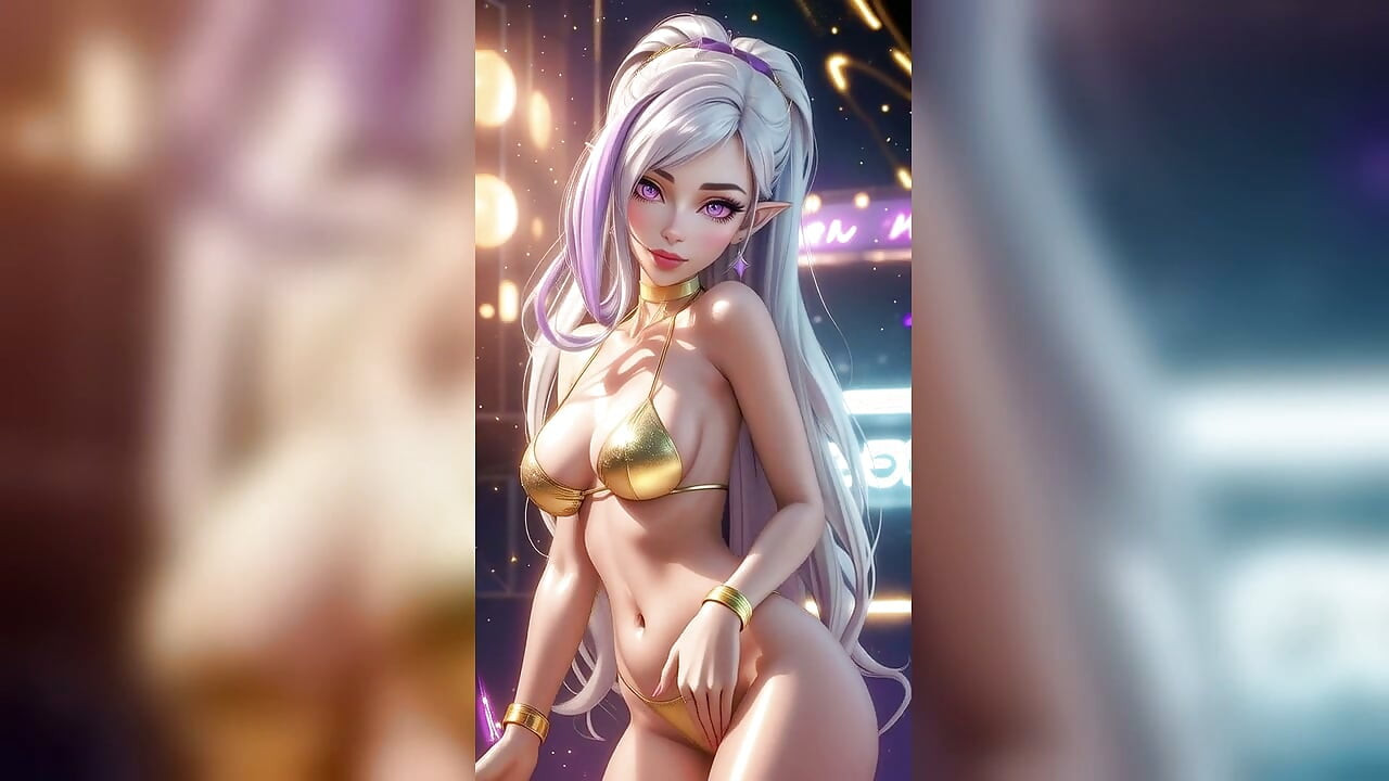 Danse de l’elfe aux cheveux argentés en bikini doré - Sexy AI Babes