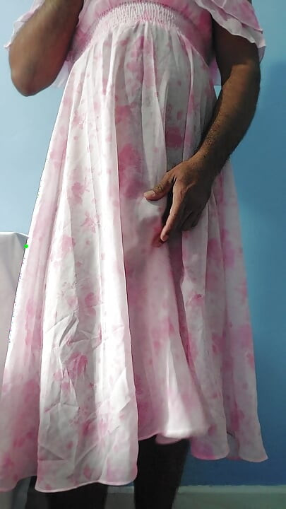 It feels so horny to masterbate wearing a silk seethrough fleard chiffon flowers frock
