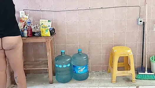 Chubby Stepmother Washes and Cleans the Kitchen